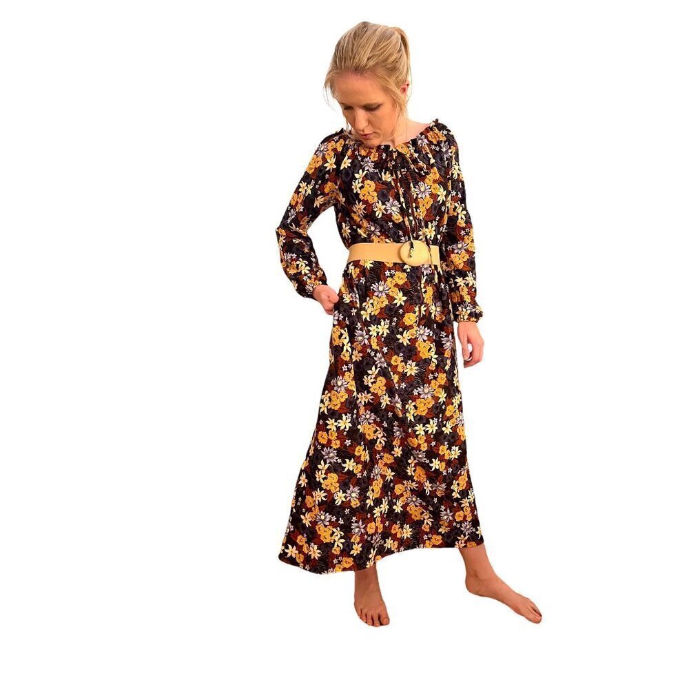 Vintage Mid Century 70s 80s Kaftan Mumu Maxi House Party Dress Floral Small